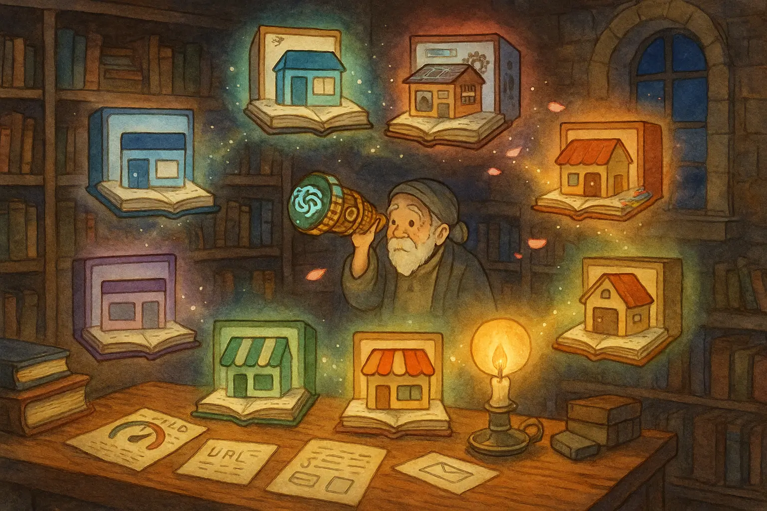 An enchanted library with seven distinct glowing books floating in a circle, each book open and displaying miniature animated storefronts rising from its pages like pop-up books