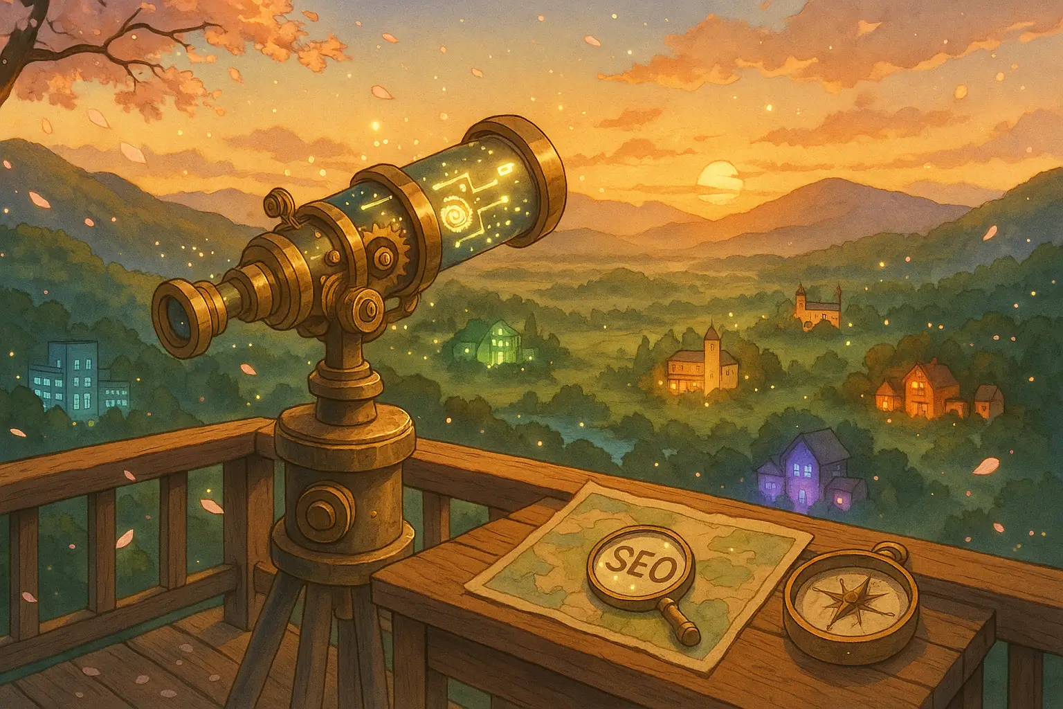 A serene hilltop observation deck at golden hour, with a beautifully crafted telescope pointing toward a magical landscape with seven distinct villages glowing with different colored lights in the valley
